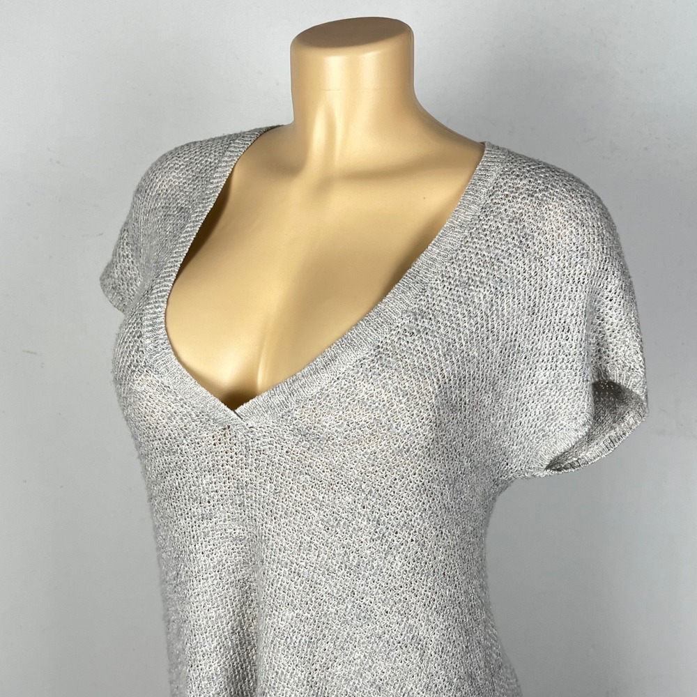 Eileen Fisher Tunic Sweater Womens M Linen Blend V-Neck Short Sleeve Gray Boho - Picture 6 of 13